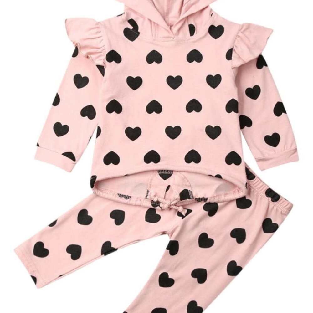Toddler Pink Heart-Printed Hoodie & Leggings Set With Ruffles Cute Ear Detail‎